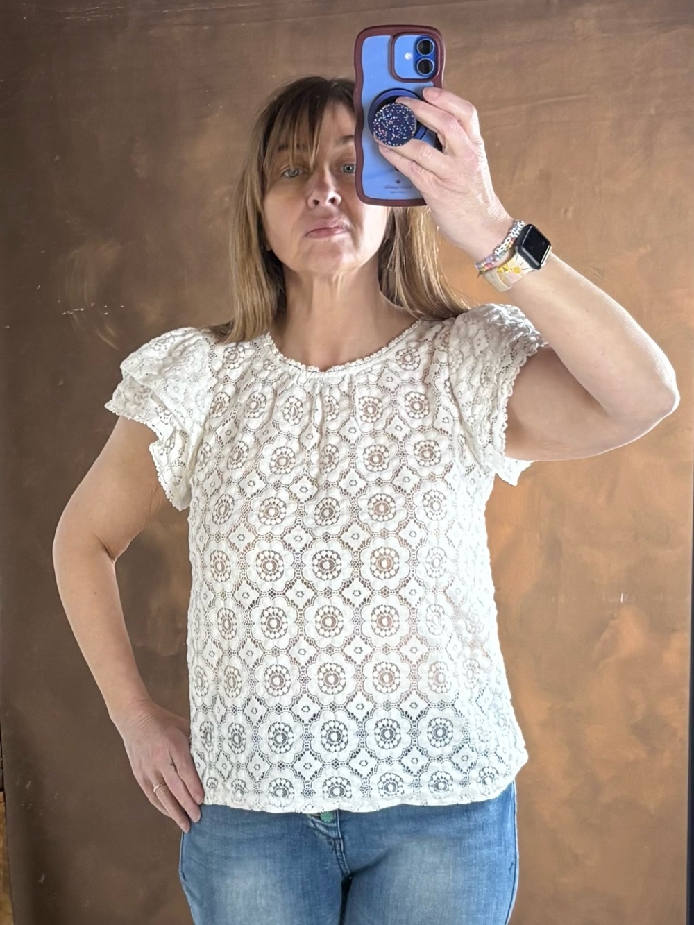 LOFT White Crochet Lace Flutter Sleeve Blouse